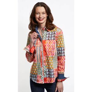 Tizzie "Rome" Orange Blue Green Patchwork Cotton Button Down Blouse size Large